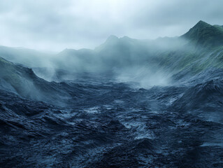 Obraz premium Dramatic volcanic landscape shrouded in mist reveals a rugged terrain of black lava flow