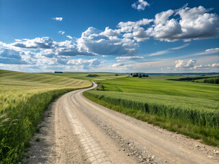 Fototapeta premium road in the field. road, sky, landscape, field, nature, grass, country, summer, rural, green, countryside, cloud, meadow, path, tree, horizon, clouds, way, agriculture, land, spring, view, travel, far