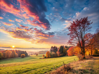 Fototapeta premium sunset in the forest. landscape, sky, field, nature, sunset, grass, green, meadow, sun, autumn, blue, tree, rural, cloud, summer, forest, sunlight, horizon, road, agriculture, country, clouds, sunrise