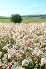 Obraz premium Beautiful wildflower field with white blooms under a clear blue sky in warm sunlight