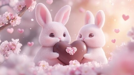 Fluffy bunnies with heartshaped chocolate in cherry blossom setting