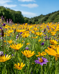 Obraz premium Bright wildflower meadow blossoms under clear blue sky in summer warmth