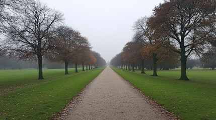 Serene autumnal path lined with trees vanishing into misty distance.