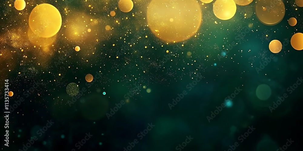Poster yellow and gold circles abstract background. bokeh shining particles on dark green background, gener