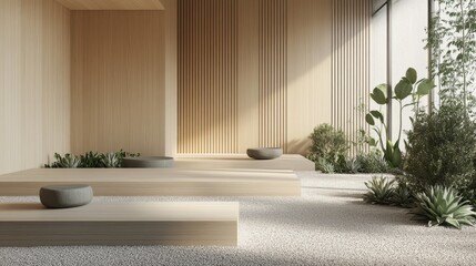 Fototapeta premium A serene interior space with wooden elements and greenery for relaxation and mindfulness.