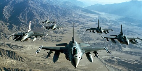 A formation of fighter jets representing the strength and precision of the air force.