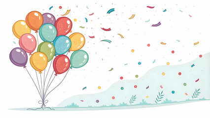 Colorful balloons and confetti floating upwards isolated on white background. concept as A playful vector featuring colorful balloons and confetti gracefully floating upwards representing festivity an