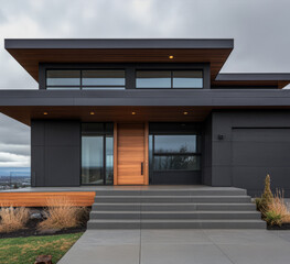 Modern architectural design featuring sleek lines and natural materials in a residential exterior