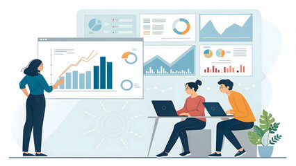 Marketing Team Strategizing Digital Charts Laptops Glossy Background Data-Driven Collaboration Copy Space