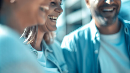 Fototapeta premium Joyful Family Laughing Together Macro Close Up on Sunny Day with Ample Copy Space for Text or Branding