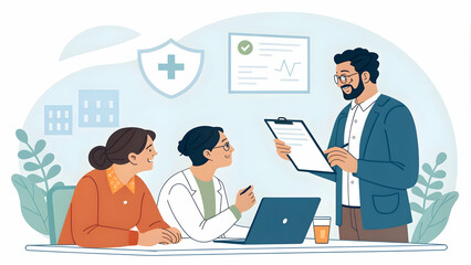 Healthcare financial advisor negotiating with suppliers on plain background concept as Healthcare financial advisor negotiating with suppliers using documents and a tablet on a plain background symbol