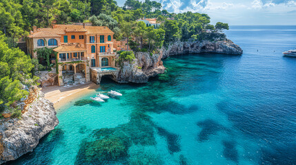 Obraz premium Luxurious coastal villa with clear blue water at Mallorca's scenic shoreline
