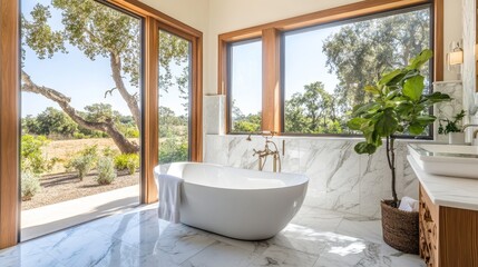 A serene bathroom with a freestanding tub and large windows overlooking a lush landscape.