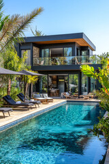 Modern luxury villa with tranquil pool surrounded by lush greenery in bright sunlight