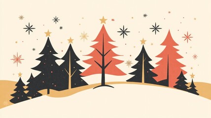 Christmas Trees in Winter Landscape: A Festive Mid Century Modern Illustration.