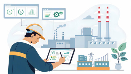 Technician monitoring emissions with digital tools concept as A technician uses advanced digital tools to monitor and control factory emissions ensuring compliance with environmental standards. The hi