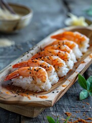 Ebi Nigiri shrimp sushi with sesame on a wooden plate, close up