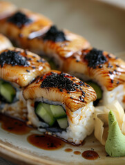Gourmet Black Dragon sushi with eel and avocado on a traditional ceramic plate with a beige background