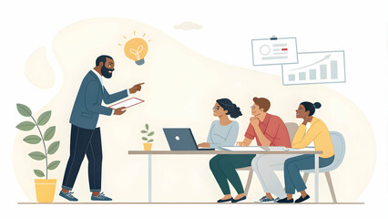 Creative Director Guiding Team in Growth Strategy Development on Desk with Plain Background for Empowerment and Brand Space