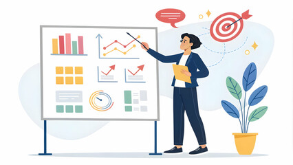 Fototapeta premium Young Entrepreneur Presenting Business Growth Strategy on Whiteboard in Professional Setting with Copy Space