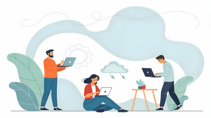Fototapeta premium Startup Team Collaborating with Cloud Software on Abstract Background for Seamless Digital Innovation and Teamwork