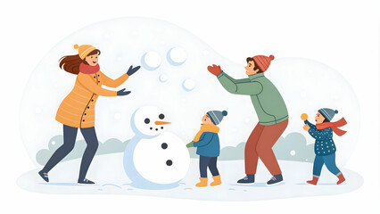 Fototapeta premium Joyful Family Playing in Snow Together Against Plain Background with Copy Space for Fun Activities and Bonding Moments