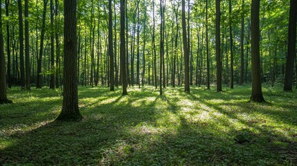 A dense, green forest with sunlight streaming through the canopy, casting shadows on the forest floor.