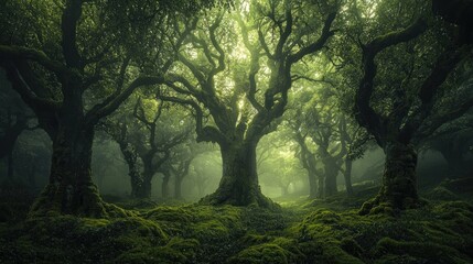 Fototapeta premium A dense forest with towering, otherworldly trees covered in glowing moss, creating a magical atmosphere