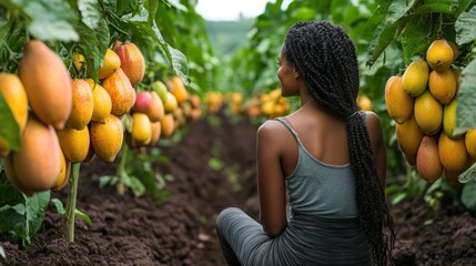 A woman sits among ripe melons in a lush garden, enjoying nature's bounty.