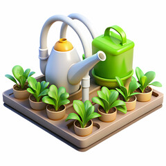 Obraz premium Innovative Glossy Watering System Hydrating Fresh Greens in Community Garden | Urban Agriculture Concept with Ample Copy Space