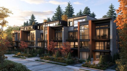 Fototapeta premium Modern multi-unit residential building surrounded by trees and landscaped gardens.