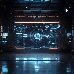 Fototapeta premium Digital interface, glowing, dark background. No people.