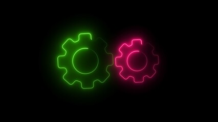 Outline neon pc monitor icon. Glowing neon monitor screen frame with gear wheel sign, display settings pictogram.  Glowing gear symbol isolated on brick wall background