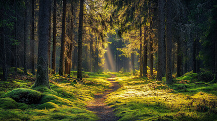 Obraz premium Sunbeams illuminate a mossy path in a tranquil forest.