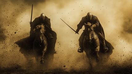 Two men on horses, one of them holding a sword. Scene is intense and action-packed