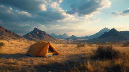 A small yellow tent is set up in a field with mountains in the background