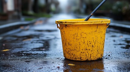 Naklejka premium A yellow bucket with a dirty handle is sitting on a wet street