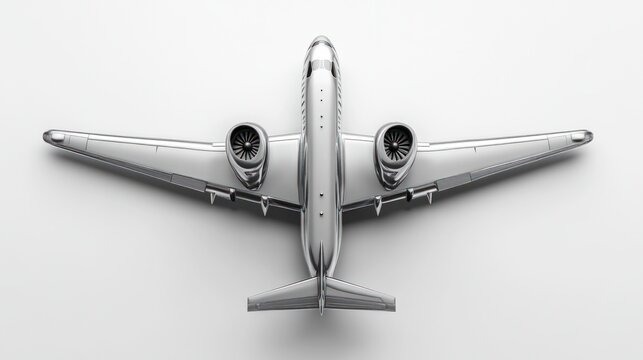 Top view of a silver airplane on white background.