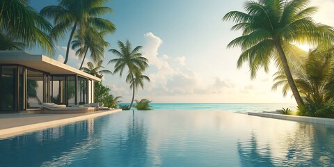 Fototapeta premium Luxurious Beachside Villa with Infinity Pool, Lush Palm Trees, and Stunning Panoramic Ocean Views in a Tropical Paradise Setting