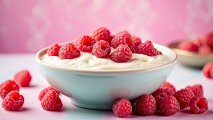 A bowl of creamy yogurt with fresh raspberries on top, set against a background of pastel pink. A...