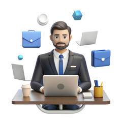 Businessman Overwhelmed by Digital Notifications Surrounded by Devices in Modern Workplace - Information Overload Concept