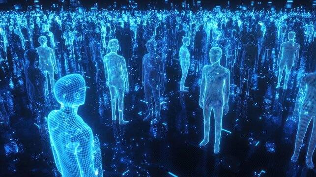 A digital avatars engaging in an online event, socializing in a 3D digital space, representing a virtual crowd.