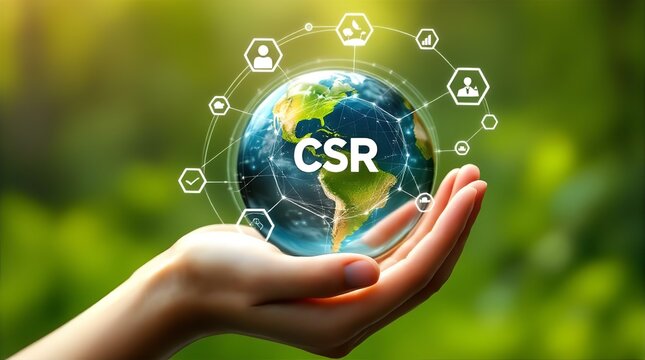 Hand Holding a Global CSR Network: Sustainable Business Practices and Environmental Responsibility