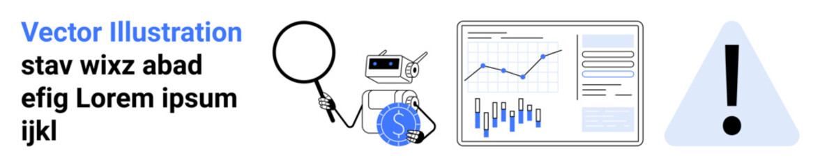 Robot with dollar sign, magnifying glass, data chart with graphs, and exclamation mark. Ideal for financial analysis, market research, risk assessment, technology integration, data visualization