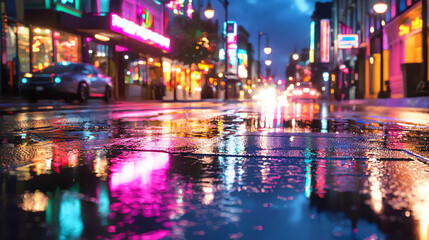Obraz premium Raindrops on the asphalt in the city at night. Blurred background