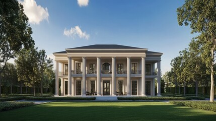 Obraz premium A grand, modern mansion with columns, surrounded by greenery and a clear blue sky.