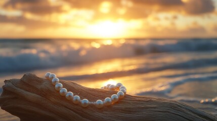 A serene beach scene with a pearl necklace gently resting on a piece of driftwood, framed by soft waves and golden light, 