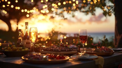 Obraz premium Sunset Outdoor Dinner with Grilled Food and Drinks