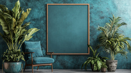 Teal wall, armchair, plants, and blank poster mockup.