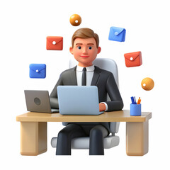 Businessman Struggles with Digital Notifications at Desk Surrounded by Devices in Information Overload Concept